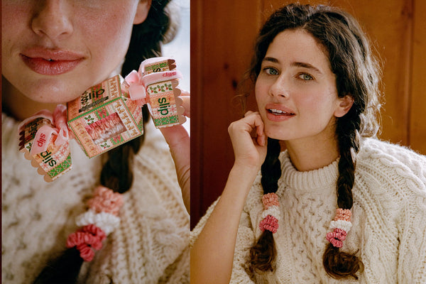A split-screen lifestyle image showing a woman wearing pink, peach and white silk hair scrunchies in braids, paired with a cream cable-knit sweater. The left panel is a close-up of her hand holding the scrunchies, and the right panel shows her wearing them.