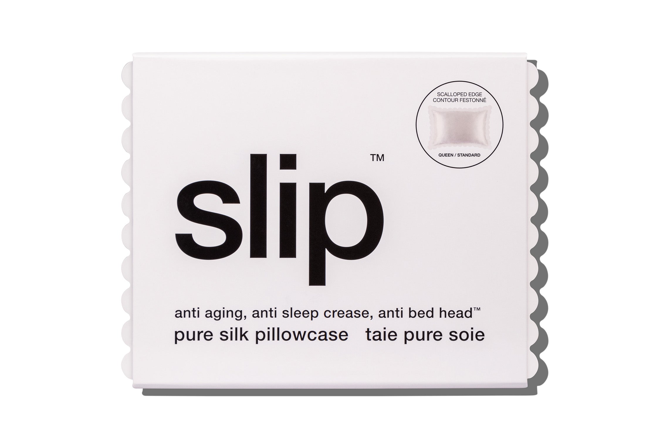 SLIP PURE SILK PILLOWCASE - WHITE - SCALLOPED - QUEEN - ZIPPERED