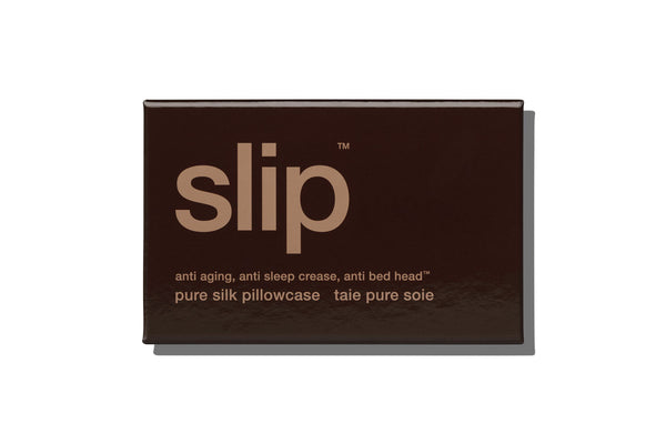 A dark brown rectangular box for a slip pillowcase, featuring the brand name 'slip' in a light tan serif font with smaller white text underneath, set against a plain white background.