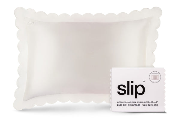 SLIP PURE SILK PILLOWCASE - WHITE - SCALLOPED - QUEEN - ZIPPERED