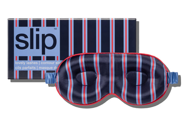 Blue, Navy and Red striped silk contour sleep mask with 'slip' packaging on a white background