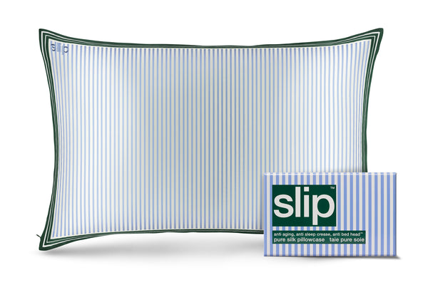 White, green and blue striped silk pillowcase with 'slip' packaging on a white background