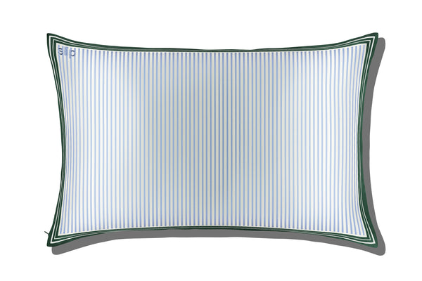 Striped blue and white silk pillow with green trim on a white background