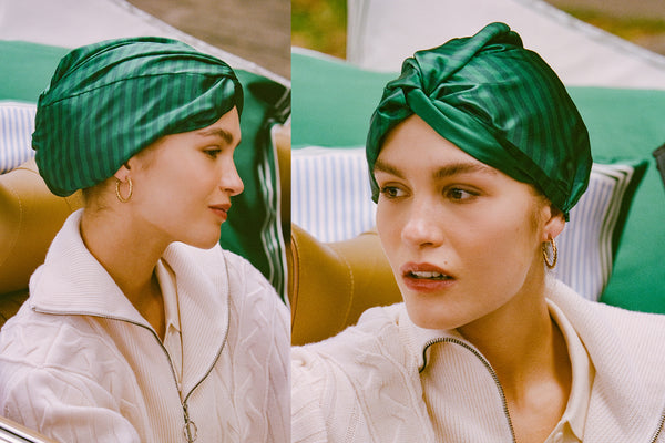 Side-by-side comparison of a woman wearing a green silk turban.
